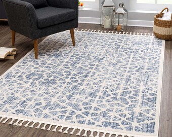 Carpet Living Room Blue - Geometric Scandi Style - Short Pile Carpets Modern - Fringed Carpet Tricolor Soft&Soft - Flat Pile Bedroom