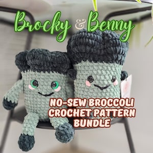 May include: Two plush broccoli toys made of soft yarn, featuring dark green tops and light green stems. Each has black safety eyes, embroidered smiles, and pink cheeks. The text Brocky & Benny and NO-SEW BROCCOLI CROCHET PATTERN BUNDLE is visible.