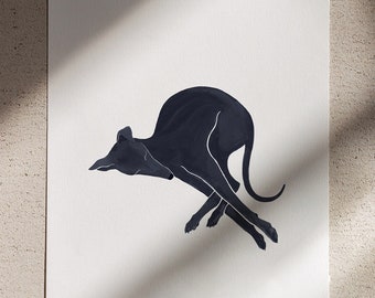 Puede incluir: Una ilustración en blanco y negro de un perro corriendo, impresa en papel blanco.