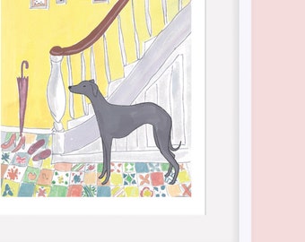 May include: A black and white illustration of a dog standing on a patterned tile floor, looking up a set of stairs. The walls are yellow and decorated with framed pictures.