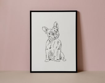 May include: A black and white line drawing of a French Bulldog sitting in a black frame against a light pink background.