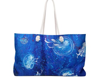 Designer Weekender/Beach Bag with Jellyfish Art:  Designer Tote for Women, Jellyfish Print, Summer Handbag, Ocean Theme Shoulder Purse