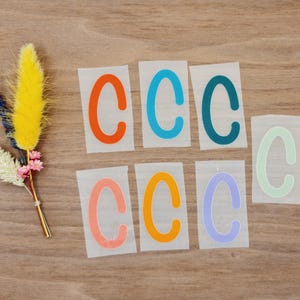 Könnte beinhalten: Eine Sammlung farbenfroher "C"-Buchstabenaufkleber in Orange, Türkis, Dunkeltürkis, Hellrosa, Gelb-Orange und Hellviolett. Ein kleiner Strauß Trockenblumen mit gelben, rosa und blauen Akzenten ist ebenfalls vorhanden.