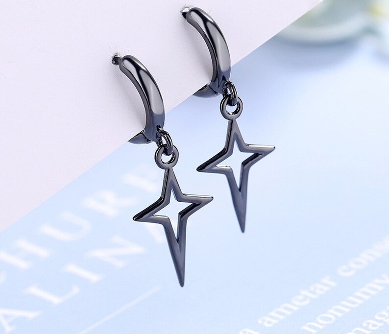 925 Sterling Silver Thai Black Star Simple Tassel Earrings for | Etsy