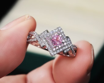 Beautiful Pure Pink Double Layer Weave Princess Cut CZ Ring,Minimalist Ring, Engagement Rings, Wedding Ring, Promise Rings, Gift,
