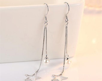 925 Stamp Sterling silver pearl long exaggerated earrings for Women, Dainty Earrings, Minimalist Earrings, Gifts for Women,