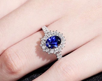 Elegant Blue Oval Sun Flower Royal Ring for Women, Minimalist Ring, Engagement Rings, Wedding Ring, Promise Rings, Silver Rings, Gift,
