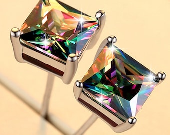 Square Colorful Micro Pave Zircon Stud Earrings for Women, Beautiful Earrings, Minimalist Earrings, Gift for Women
