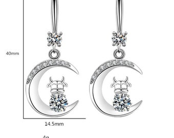 925 Sterling Silver Crystal Zircon Moon Calf Hanging Earrings for Women, Beautiful Earrings, Minimalist Earrings, Gift for Women