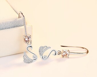 925 sterling silver silver zircon crystal swan earrings for Woman,Dainty Earrings, Minimalist Earrings, Gifts for Women,