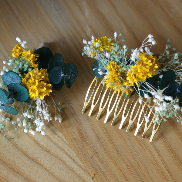 Peigne de coiffure avec fleurs séchées et eucalyptus avec boutonnière de fleurs séchées assortie pour mariage ou cérémonie