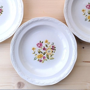 6 Vintage White Deep Plates with Pink and Yellow Flowers Orchies Moulin Des Loups France