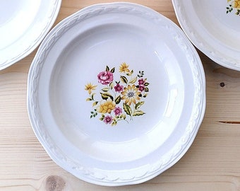 6 Vintage White Deep Plates with Pink and Yellow Flowers Orchies Moulin Des Loups France