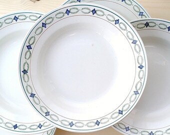 6 Vintage Deep Plates in White Earthenware Terre De Fer with Green and Blue Frieze Around the Edge, from the Saint Amand France Factory