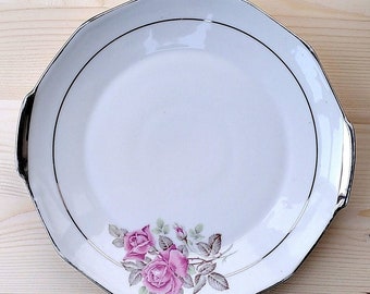 Vintage White Porcelain Tart Dish or Cake Dish with a Rose Pattern and Double Silver Edging, Noirlac, France