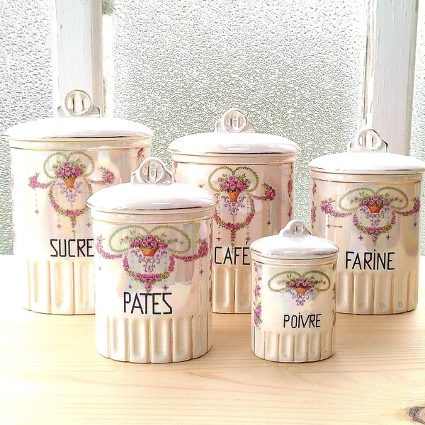 Lot De 5 Pots à Épices Vintage Style Art Déco, Faïence Irisée Et Décors De Fleurs, Pot Sucre, Pot Café, Pot Farine, Pot Pâtes, Pot Poivre