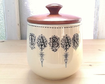 Vintage German Cream Ceramic Tobacco Pot with a Wooden Lid