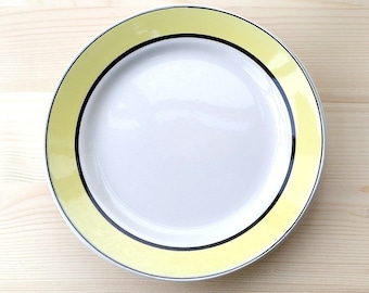 2 Vintage White Ceramic Dinner Plates with Yellow Frieze With Two Black Edging, Lunéville KG France, Retro Pop Style 60s/70s