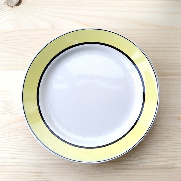 2 Assiettes Plates Vintage En Céramique Blanches à Frise Jaune Avec Deux Liserés Noirs, Lunéville KG France, Style Rétro Pop Années 60/70