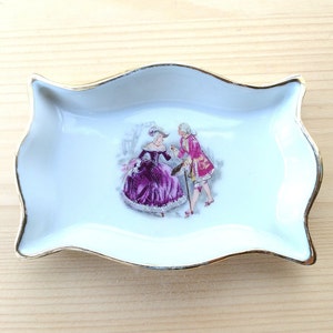 Vintage Rectangular Empty Pocket Bowl or Mini Ashtray in White Porcelain from Limoges France with a Galante Scene Decor