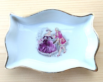 Vintage Rectangular Empty Pocket Bowl or Mini Ashtray in White Porcelain from Limoges France with a Galante Scene Decor