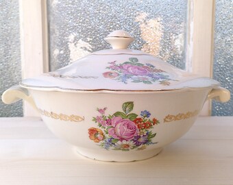 Soup bowl "Irene" earthenware Luneville KG France - Serving dish White ceramic old decoration of flowers and golden frieze - 1880/1923