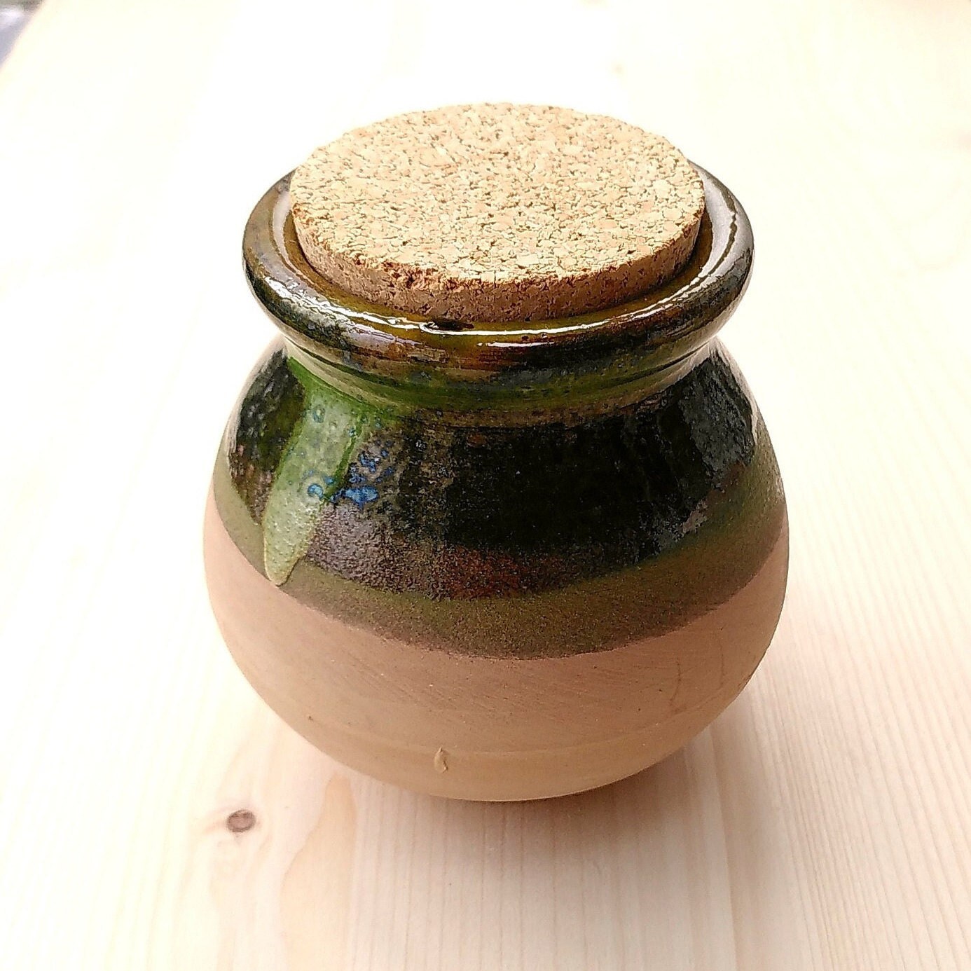 Petit Pot Terre Cuite Émaillée Verte & Couvercle Bouchon Liège - à Épices Vintage, de Cuisine, Sel, 