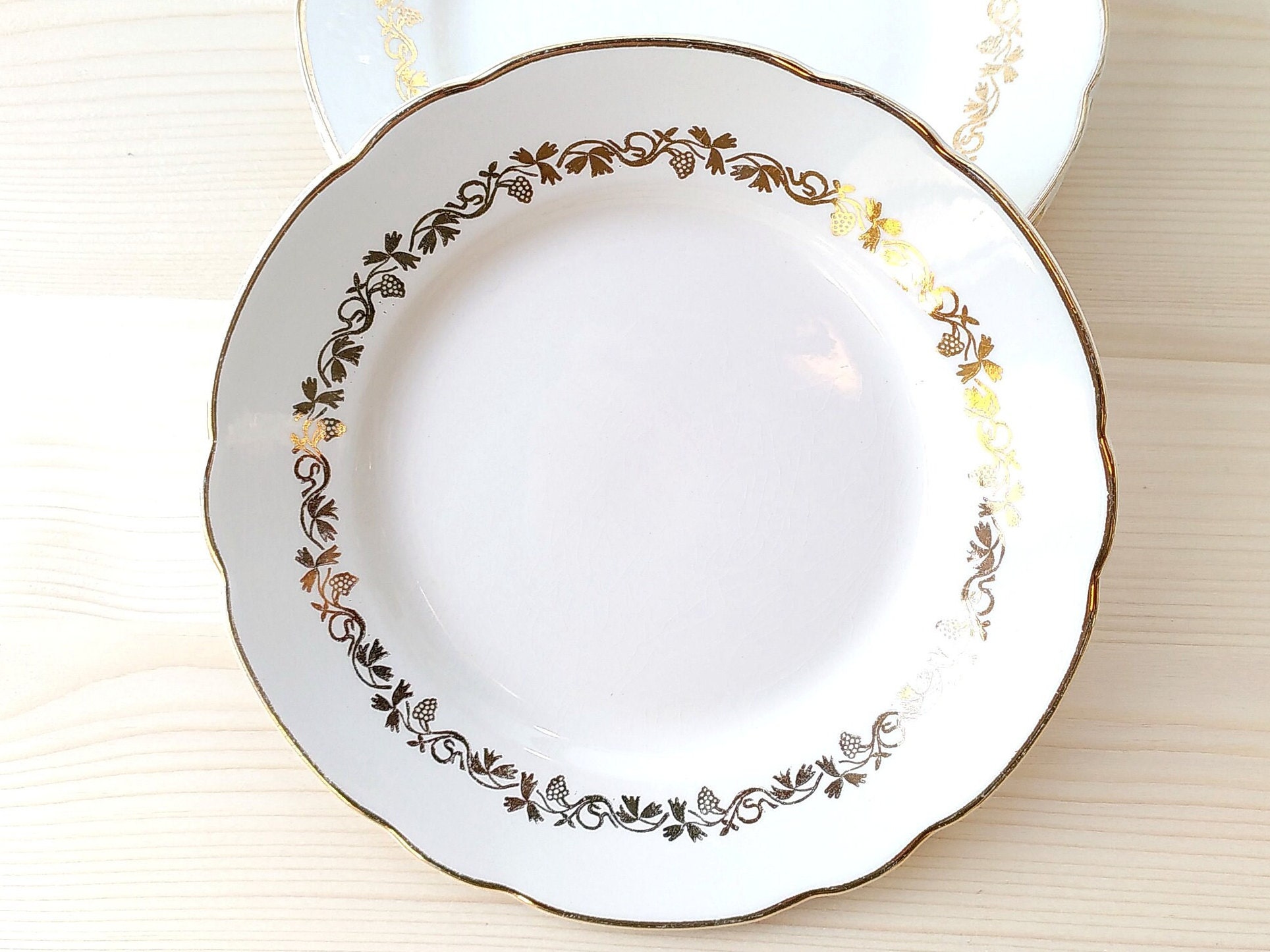 4 Vintage Dessert Plates in Cream Porcelain With Gold Border Vine Decor