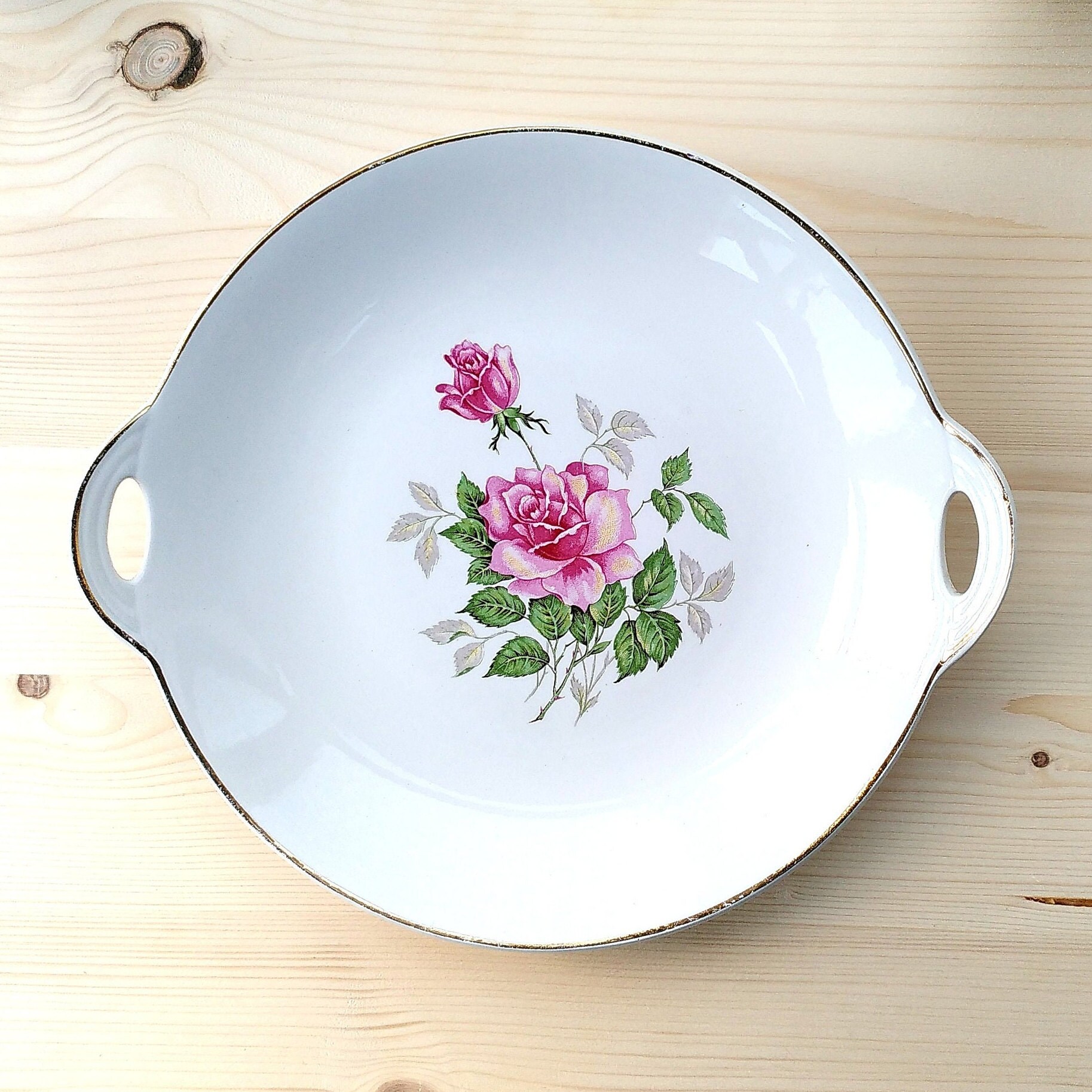 Plat à Gâteau en Porcelaine Blanche Luneville Kg France Décor Fleurs Roses - Modèle Fabiola Plat Tar