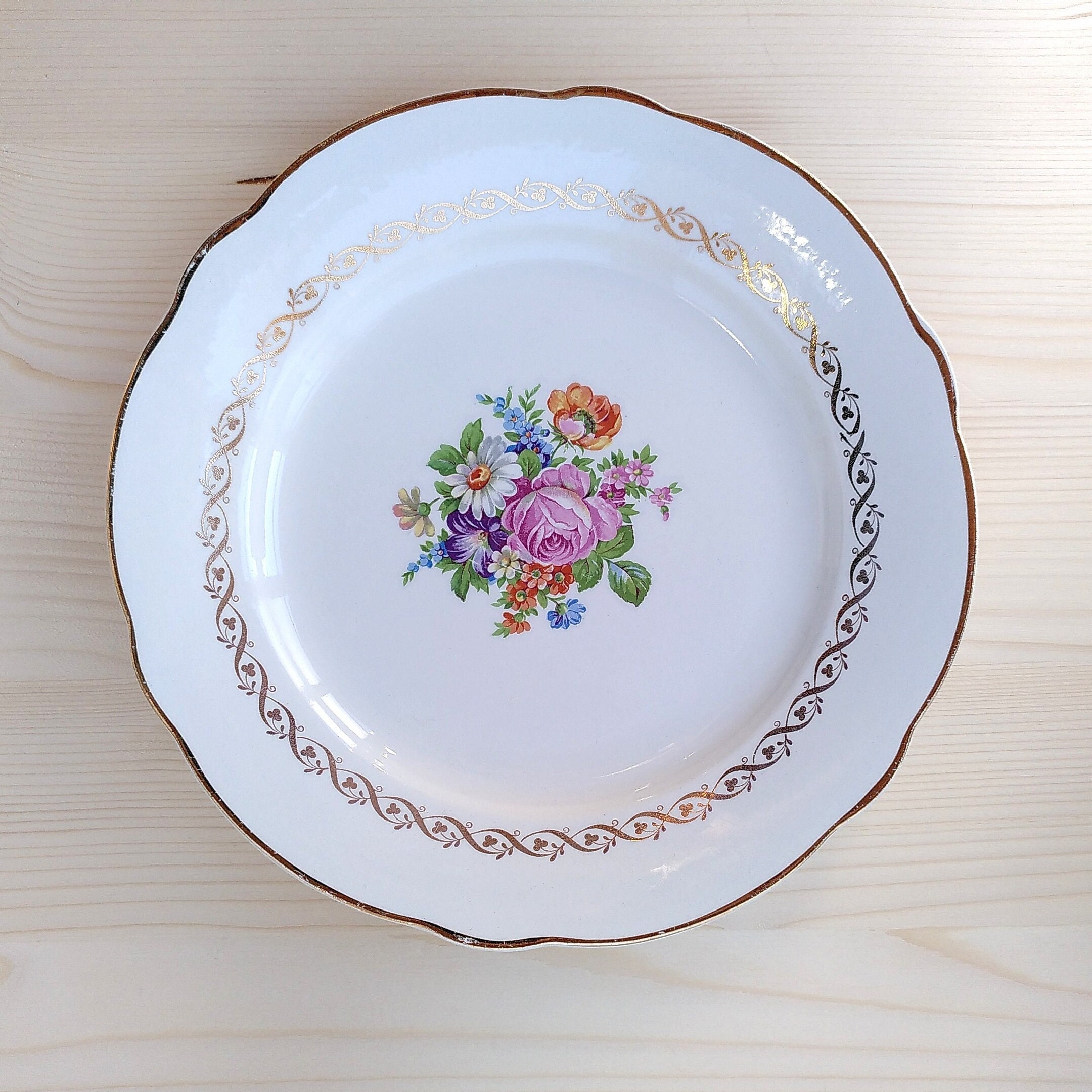 6 Assiettes Plates Irene Faïence Luneville Kg France - Grandes Blanches Anciennes Décor de Fleurs et