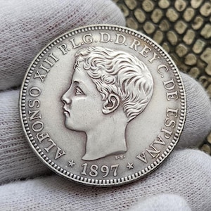 Pièce de 1 peso à 5 pesetas des îles de Porto Rico, 1897, pièce coloniale espagnole Alphonse XIII. Pièce de collection. Pièces espagnoles rares en argent.