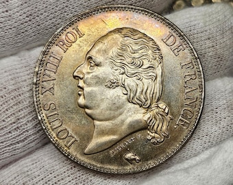 May include: A silver coin featuring a profile of a man with a powdered wig, surrounded by text. The coin reads "LOUIS XVIII ROI DE FRANCE" and includes the name "MICHAUT F." along the bottom. The coin has a detailed edge.