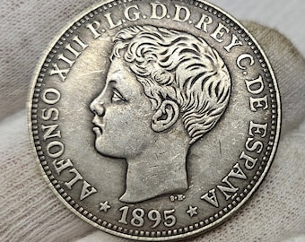 Coin 1 Peso - 5 Pesetas Puerto Rico Islands 1895 Alfonso XIII Colonial Spanish Coin. Collector&#39;s Coin Rare Spanish silver coins