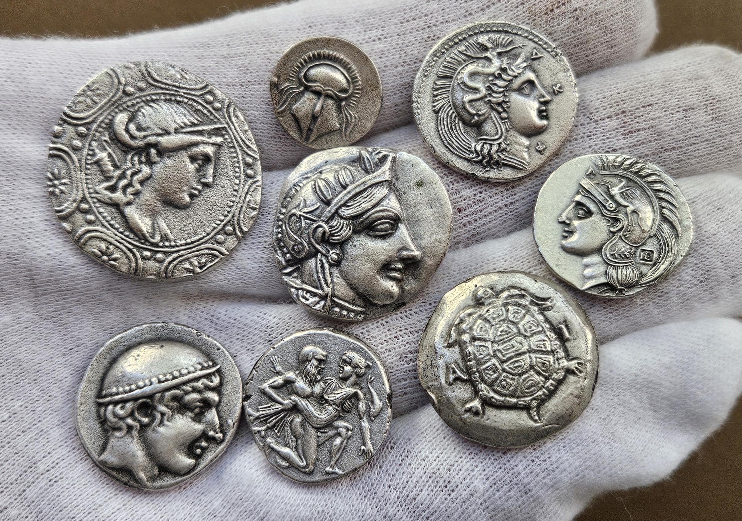 Complete Lot of 8 Very Rare Ancient Greek Silver-plated Coins