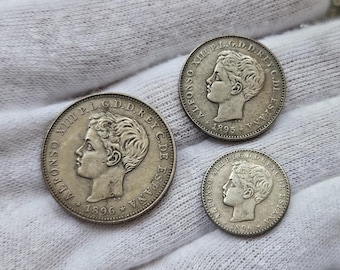 10, 20, 40 Cent Coins Puerto Rico Islands 1895-96 Alfonso XIII Spanish Colonial Coin. Collectible Coins Rare Spanish silver coins