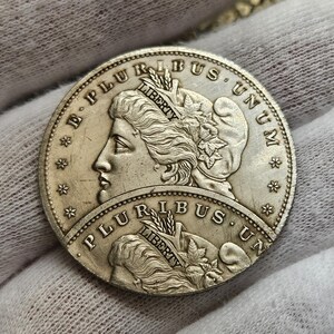 May include: A silver dollar coin with the words "E Pluribus Unum" and "Liberty" on it. The coin features a profile of a woman with a crown of leaves on her head.