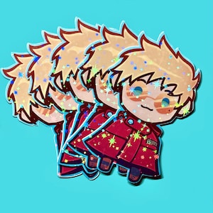 May include: A set of four holographic stickers featuring a cartoon character with blonde hair, wearing red and white clothing with a star pattern. The character is wearing sunglasses and has a happy expression.