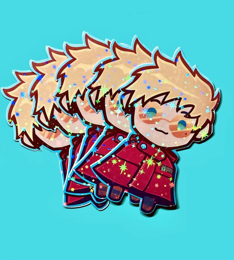 May include: A set of four holographic stickers featuring a cartoon character with blonde hair, wearing red and white clothing with a star pattern. The character is wearing sunglasses and has a happy expression.