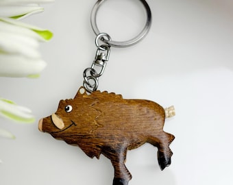 Wild boar keychain, wooden, handmade, owl, cat, fish, dolphin, dog pendant, wooden figure, hunting, pig, sow, boar