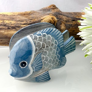Napkin holder fish made of wood, in shabby look, maritime decoration, wooden fish, garden decoration, decoration, sea fish, blue grey mud, napkins