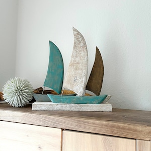 Large sailing boat regatta, on wooden base, mango wood light blue turquoise white, sailing ship, sailing boats handmade, wooden boats, sail, boat