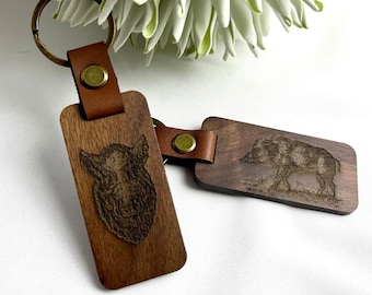 Wild boar, pig, boar, sow, piglet, hunting, deer, fishing wooden keychain with custom text, personalized