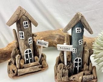 House made from driftwood remnants in two colors, detached house, beach, sea, driftwood, handmade, unique, wooden house, housewarming, beachcombing, Moin