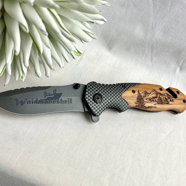 Waidmannsheil folding knife with engraving, handmade knives, pocket knife with wooden handle, hunter, hunting, wild deer antler deer personalized