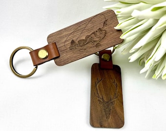 Antler, fish, fishing, hunting, deer, fishing rod keychain wood with desired text, personalizable T1