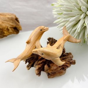 Dolphins on parasite wood, wooden dolphins, handmade sculpture, elaborately carved dolphin figure, Jampinis wood, decoration, unique