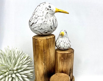 Two seagulls (mother/child) on dolphin, bollard, sandpiper, seagulls, garden decoration, decoration, wooden seagull,