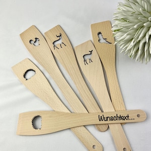Animals spatula wood with desired text wooden spoon cooking spoon with engraving laser personalizable deer stag pigeon rabbit squirrel etc.