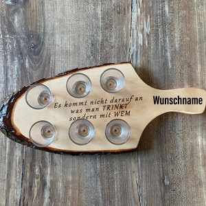Shot board made of alder wood, with bark, with 6 shot glasses, stamperl with desired text / with engraving / personalizable shots short party