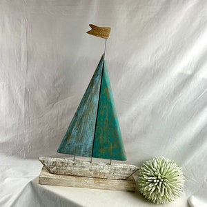 large sailing boat mango wood light blue turquoise, sailing ship, unique, handmade, wooden boat decoration, maritime decoration, sail, boat